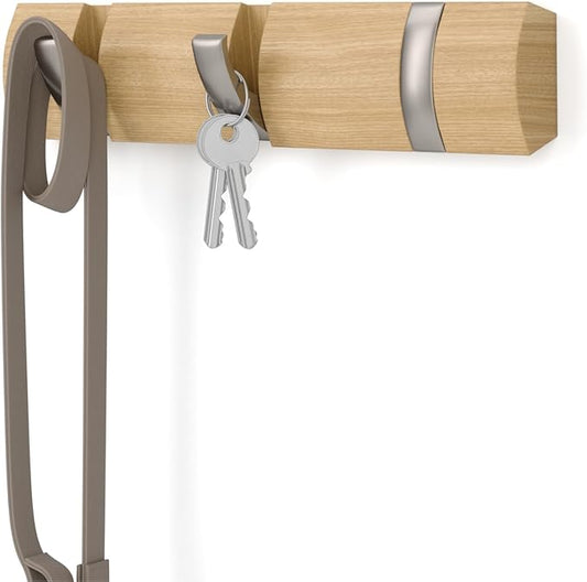 Umbra Flip Wall-Mounted Coat Rack with 3 Hooks – Modern, Space-Saving Storage for Hats, Jackets, Bags, Entryway, Mudroom, Closet, Bathroom, Bedroom – Natural/Nickel