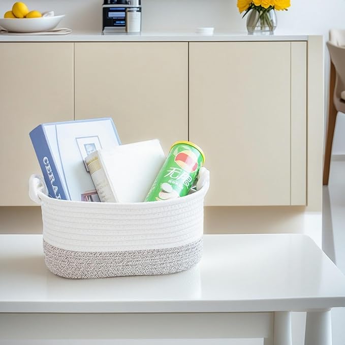 GYASVWU Cotton Rope Baskets for Storage, Woven Basket for Organizing, Decorative Storage Baskets with Handle, Shelf Baskets for Organizing, Toy Organizer/Towel Bin/Gift Basket Empty (Khaki - 3 Pack)