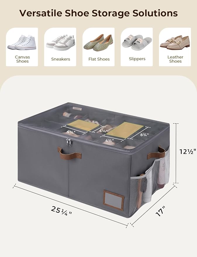 StorageWorks Shoe Organizer for Closet, Shoe Cubby Storage Containers for Sneakers and Heels, Shoe Rack for Closet with Clear Cover & Side Mesh Pocket, Fits up to 20 Pairs, Grey