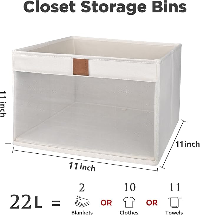 Linen Closet Organizers and Storage, Closet Storage Bins Basket Organizer, Foldable Organization Baskets with Mesh Window for Clothes Towels and Toys, 11" x 11" x 11", Beige, 2 pack