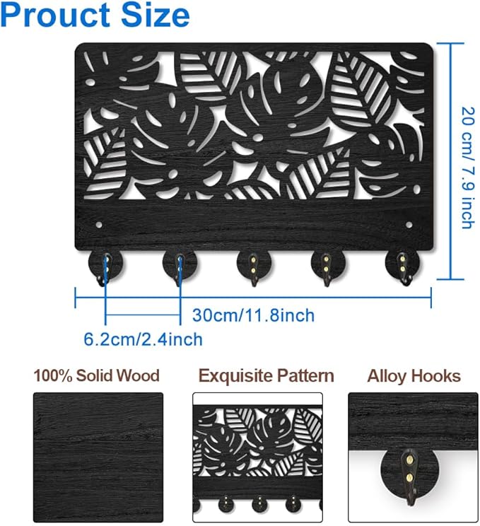 MAYJOYDIY Monstera Background Key Holder for Wall Tropical Leaves Wood Key Hooks 11.8×7.9inch Key Hanger Rack with 5 Alloy Hooks for Entryway Front Door Kitchen Office Decoration