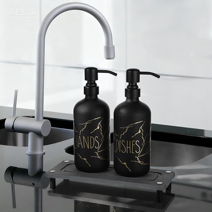 Kitchen Soap Dispenser Set, 16oz Hand and Dish Soap Dispenser Set with 2 Instant Dry Trays, Stainless Steel Pump, Refillable Glass Bottle for Kitchen and Bathroom Countertop (Black)