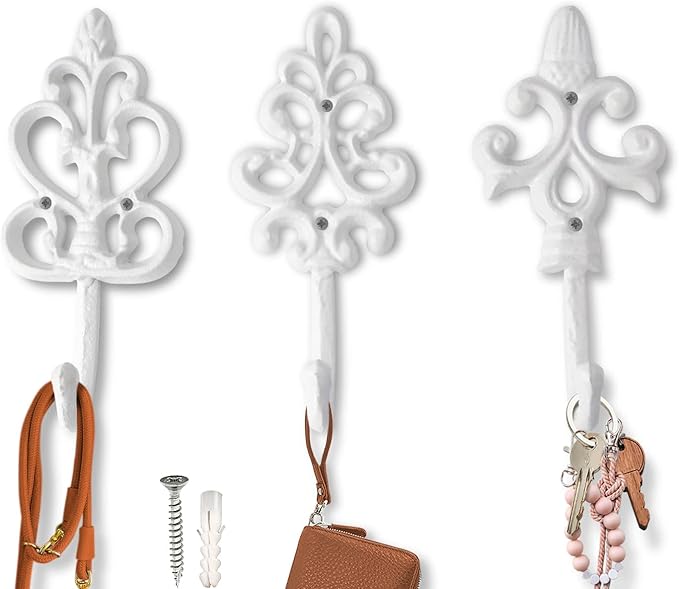 Comfify Shabby Chic Decorative Wall Hooks - Set of 3 - Cast Iron French Country Wall Decor - Farmhouse Hangers for Coats, Purses and More - Pure White