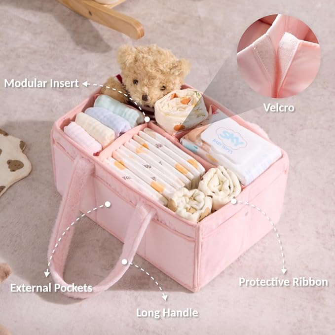 luxury little Diaper Caddy Organizer for Changing Table, Baby Diaper Basket, Portable Storage Basket, Wipes, Car Organizer, Nursery, Baby caddy (Light Pink)