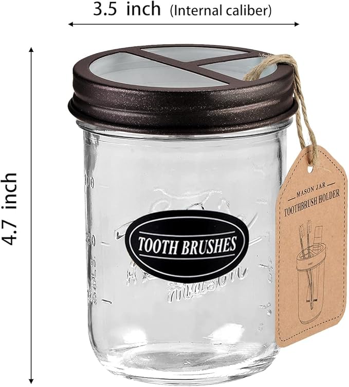 Mason Jar Toothbrush Holder -Bronze - with 16 Ounce Mason Jar,Premium Rustproof 304 Stainless Steel Lid and Chalkboard Labels - Rustic Farmhouse Decor Black Bathroom Accessories