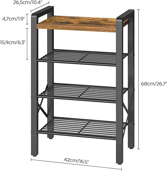 4-Tier Narrow Shoe Rack, Tall Shoe Rack for 4-8 Pairs, Slim Shoe Storage Organizer with Wooden Top, Space Saving, Metal Frame, for Entryway, Rustic Brown and Black SS64BR