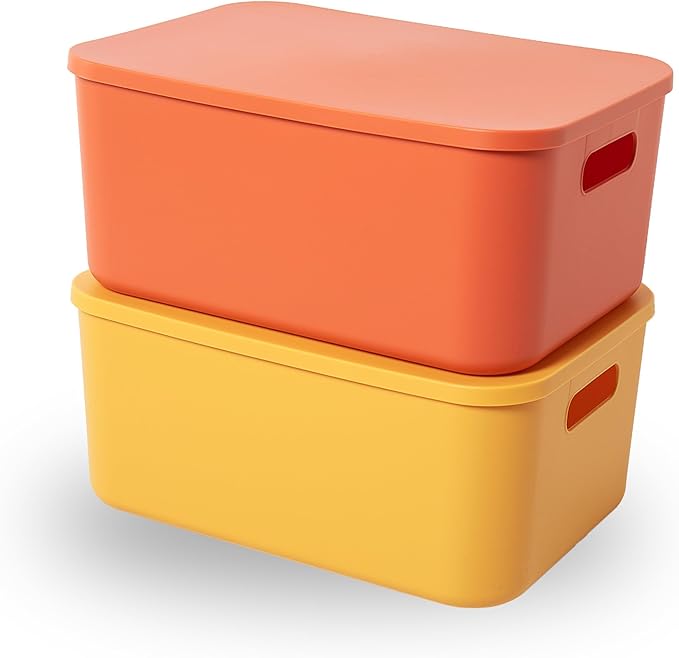 Plastic Storage Bins with Lid, Stackable Storage Containers for Organizing, Decorative Storage Baskets for Shelves Living Room Playroom Classroom Office (Medium 2PCS (Yellow+Orange))