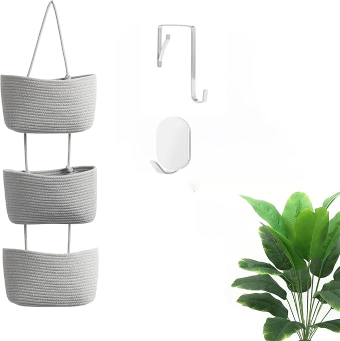 Hanging Baskets for Organizing,3-Tier Woven Cotton Over the Door/Wall-Mounted Storage Organizer Bag Decorative,Kitchen,Living Room,Bedroom,Nursery,Grey