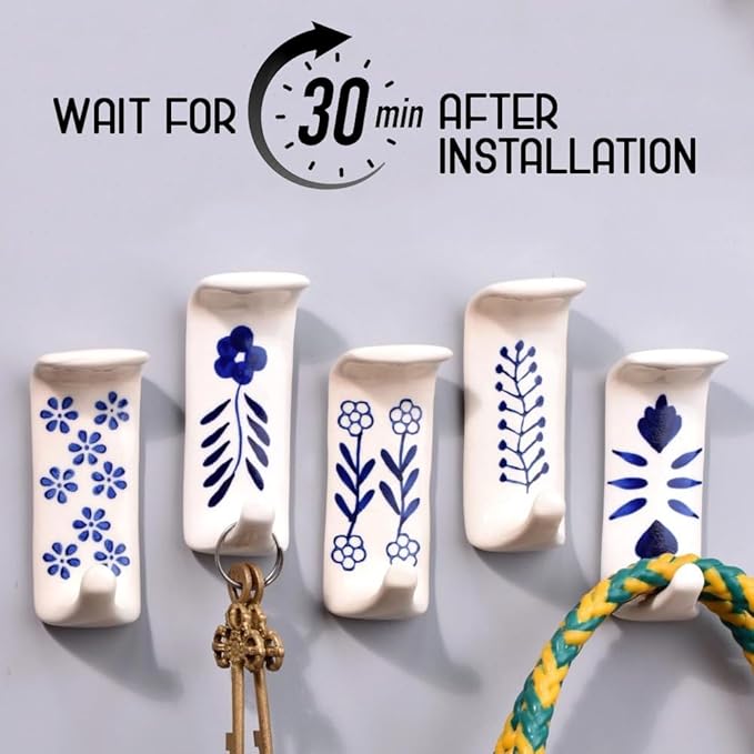 Indian Shelf Boho Ceramic Adhesive Wall Hooks - Damage-Free Decorative Blue Pottery Hangers for Keys & Towels, Renter-Friendly Stick-On Home Décor - 3 Hooks with 6 Strips(Style 7)