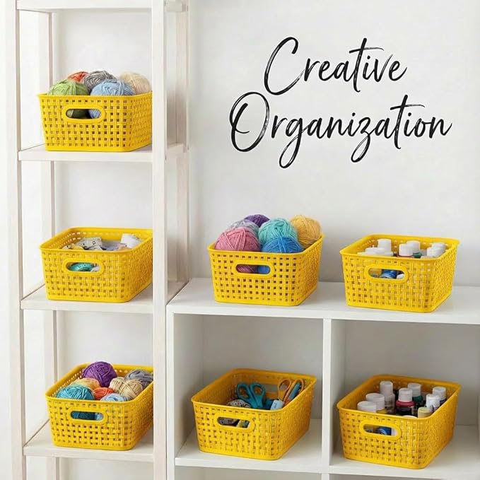 Yellow Plastic Organizer Baskets, 12-Pack Stackable Pantry Storage Baskets, Small Baskets for Shelves, Bathrooms, Kitchens, Laundry Room, Classrooms, Cabinets and Bedrooms