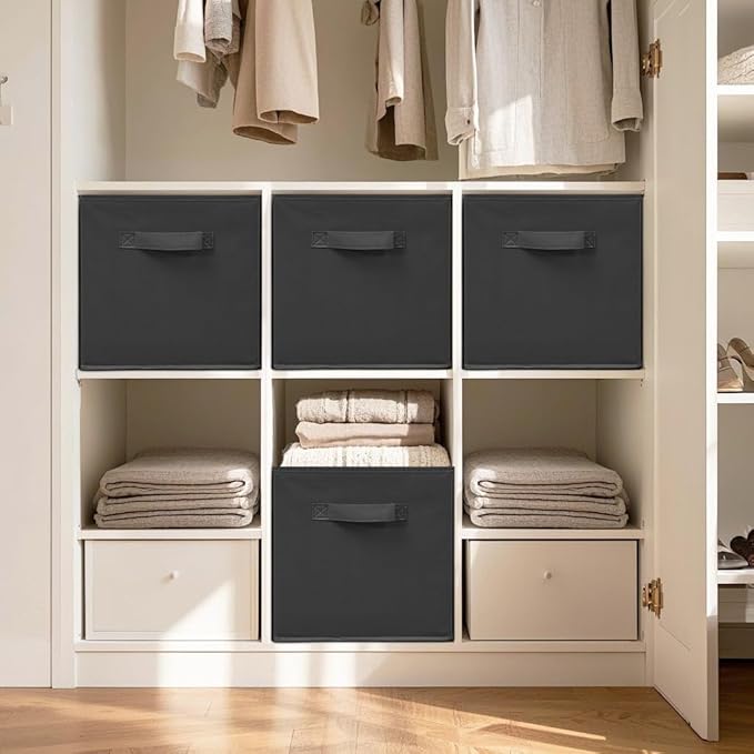 11 Inch Fabric Storage Cubes, Sturdy Foldable Storage Bins, Heavy Duty Cube Organizer for Clothes, Blankets, Shelves, Closets, Bedroom, Living Room, Black, 12 Pack