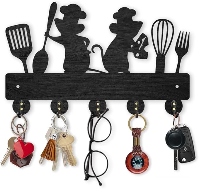 MAYJOYDIY Mouse Kitchenware Coat Rack Wall Mount 11.8×7.2inch Wood Key Holder for Wall 2 Mice Spatula Spoon Fork Wall Key Hooks Hanger 5 Alloy Hooks Black Key Rack for Kitchen Home Art Decor Door Gift
