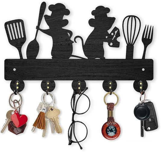MAYJOYDIY Mouse Kitchenware Coat Rack Wall Mount 11.8×7.2inch Wood Key Holder for Wall 2 Mice Spatula Spoon Fork Wall Key Hooks Hanger 5 Alloy Hooks Black Key Rack for Kitchen Home Art Decor Door Gift