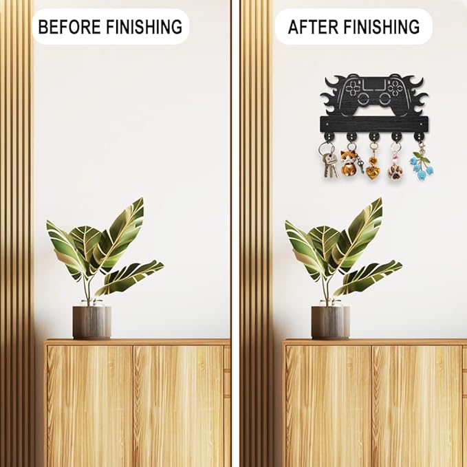 MAYJOYDIY Gamepad Wood Key Holder for Wall Flame Game Controller Key Hooks 11.8×7.1inch Key Hanger Rack with 5 Alloy Hooks for Entryway Front Door Kitchen Office Decoration