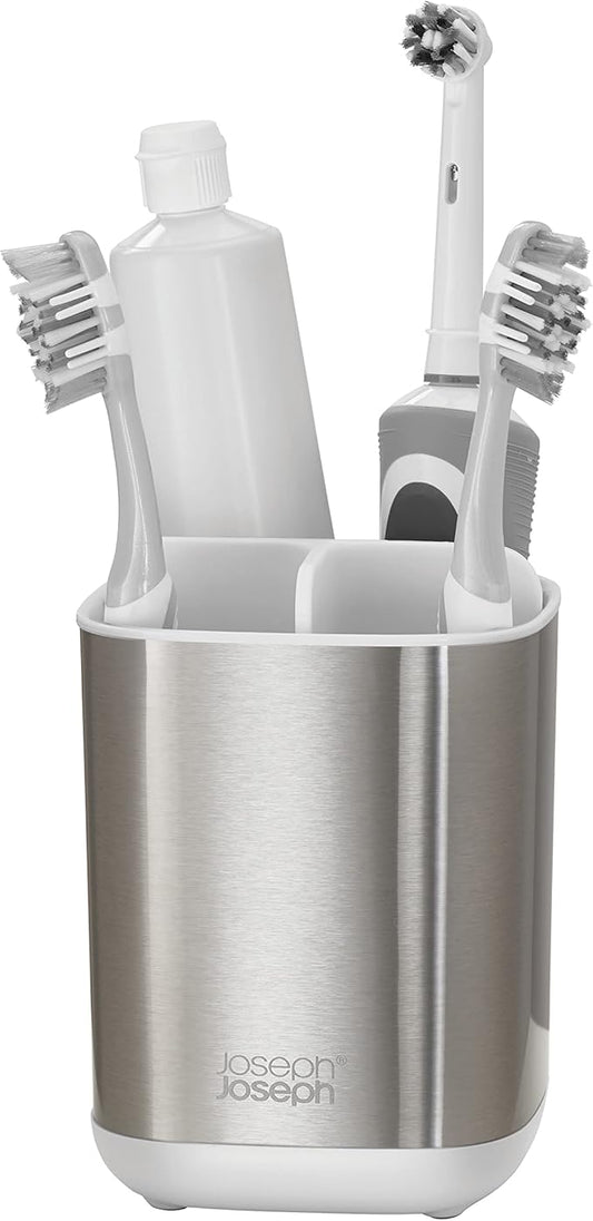 Joseph Joseph EasyStore Stainless-Steel Toothbrush Holder Bathroom Storage Countertop Organizer Caddy, Small