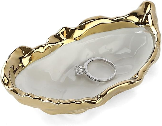 HOME SMILE Oyster Shell Ring Dish,Jewelry Dish Tray, Trinket Tray, Long Distance Friendship Gifts for Women,Ceramic Gold