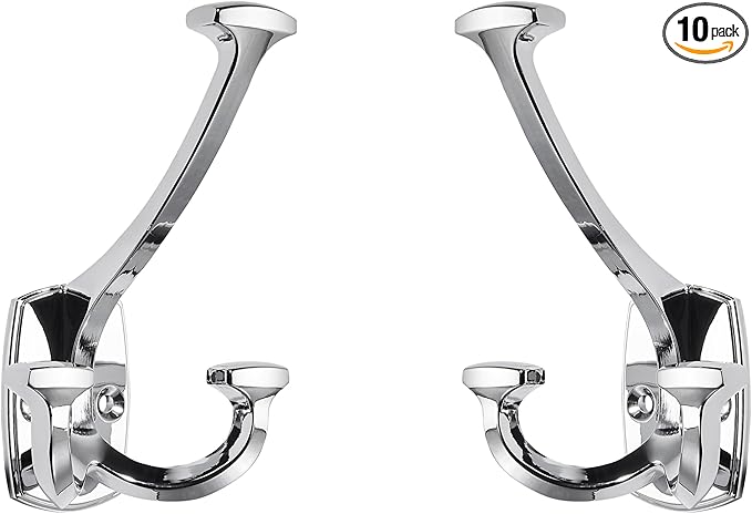 Large Wall Double-Sided Hook 10 Pack Polished Chrome Hook Decorative Heavy Duty Solid Large Coat Hooks for Towel Hanging Coats Robe Towel Bags Door Back 2 Prong Hooks