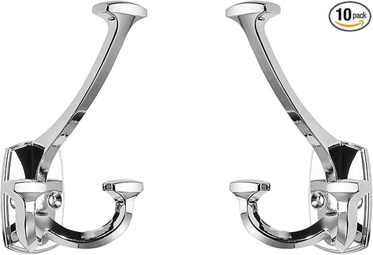 Large Wall Double-Sided Hook 10 Pack Polished Chrome Hook Decorative Heavy Duty Solid Large Coat Hooks for Towel Hanging Coats Robe Towel Bags Door Back 2 Prong Hooks