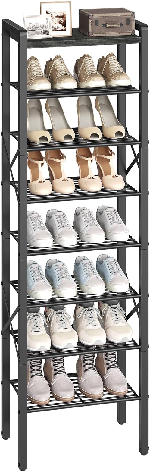 8-Tier Narrow Shoe Rack, Tall Shoe Rack for 8-16 Pairs, Slim Shoe Storage Organizer with Wooden Top, Space Saving, Metal Frame, for Entryway, Charcoal and Black SS608BC