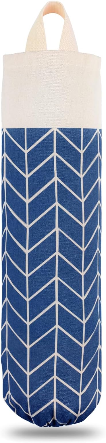 Canvas Grocery Bag Holder Dispenser, Wall Mount Shopping Trash Bag Storage Organizer (Classic Blue)