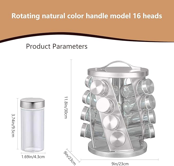 TINMIX Portable Stainless Steel Spice Rack with 16 Spice Jars Included Revolving Spice Organizer for Kitchen Tower Storage Rack for Spices and Seasoning Silver