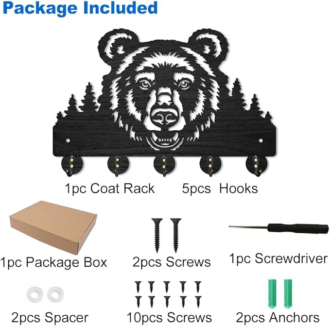 MAYJOYDIY Wooden Bear Forest Coat Hooks Wild Animal Tree Key Holder for Wall 11.8×7.9inch Decorative Bear Head Key Hooks Organizer Rack with 5 Alloy Hooks for Gift Farmhouse Hallway Entryway Decor