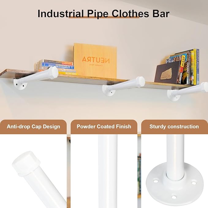 6 PCS Industrial Pipe Clothes Bar 12 Inch - Pipe Clothing Rack Wall Mount - Face Out Closet Rods for Hanging Clothes Commercial Retail Boutique Laundry Shirt Display - White