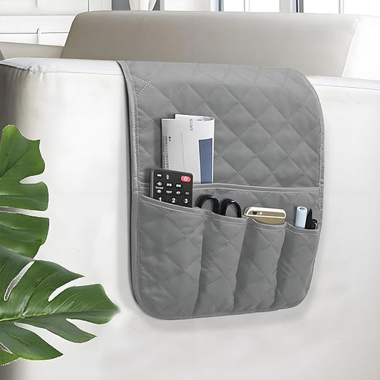 Sofa Armrest Organizer Non-Slip Arm Chair Bedside Caddy Storage Organizer for Recliner Couch with 5 Pockets for Cell Phone TV Remote Control Magazines (LIGHT GRAY)