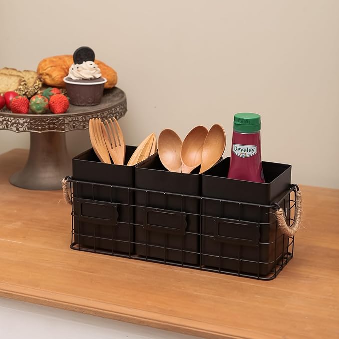 NIKKY HOME Farmhouse 3 Compartment Flatware Cutlery Caddy Countertop Silverware Holder for Spoons, Knives, Forks - Black