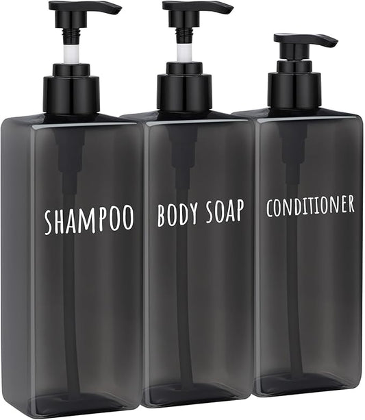 Segbeauty 16.9oz Black Shampoo and Conditioner Dispenser, 3pcs Refillable Plastic Empty Body Lotion Soap Dispenser Liquid Hand Gel Container for Bathroom, 500ml Pre-Printed Large Pump Bottles Kitchen