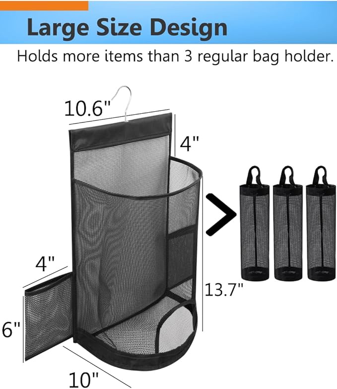 ALYER Hanging Mesh Grocery Bag Holder,Plastic Garbage Bag Dispenser Organizer with Hanger for Kitchen Cabinet Bathroom Laundry,Installation Free (Black, 17.7" H * 10.6" W * 10" D)