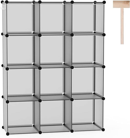 C&AHOME Cube Storage Organizer, 12-Cube Shelves Units, Closet Cabinet, DIY Plastic Modular Book Shelf, Ideal for Bedroom, Living Room, Office, 36.6" L x 12.4" W x 48.4" H Grey UPCS12G