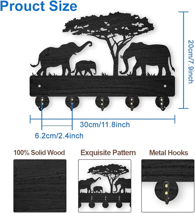 MAYJOYDIY Wooden Key Holder for Wall, Elephant Family Design, 11.8x8 inch, 5 Alloy Hooks, Decorative Wall Mount Organizer