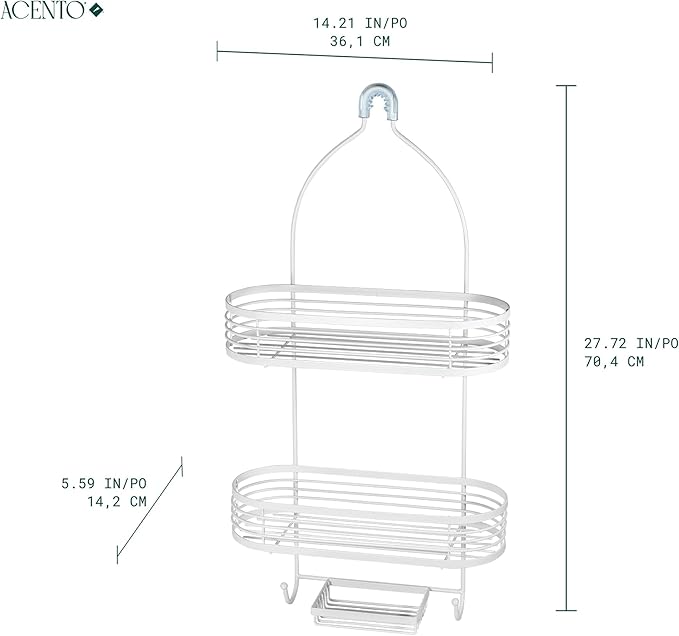 ACENTO Hanging Shower Caddy 3-Tier in Matte White, Bathroom Shower Organizer with Hooks & Suction Cups, and Soap Basket