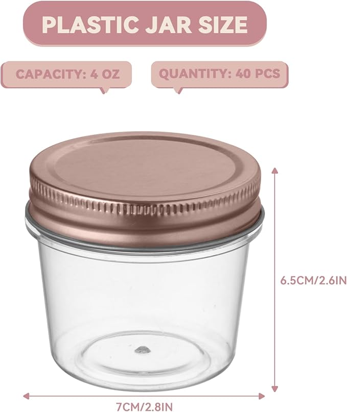 novelinks 4 oz Small Plastic Jars with Lids, 40 Pack Mini Plastic Mason Jars with Lids 4oz, Craft Storage Containers & Canning Jars & Small Spice Jars for Kitchen Organization (40 Pack,Rose Gold)