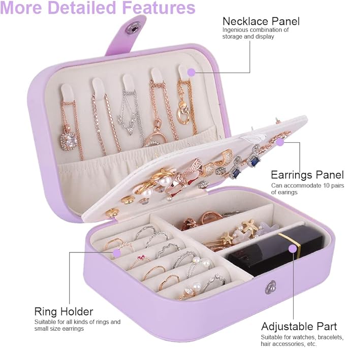 jiemei Jewelry Box, Travel Jewelry Organizer Cases with Doubel Layer for Women’s Necklace Earrings Rings and Travel Accessories (Purple)