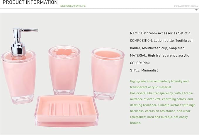 Bathroom Accessories Set of Acrylic Plastic soap Dispenser, Toothbrush Holder, Toothbrush Cup, soap Dish, Pink Bathroom Accessories 4pcs Set (Pink)