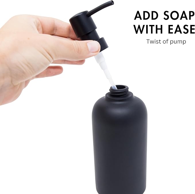 Matte Black Round Soap Dispenser for Kitchen & Bathroom – 15 oz Refillable Resin Pump Bottle for Dish Soap, Hand Soap, Shampoo, Conditioner – Modern Countertop Dispenser with Non-Slip Protective Pads