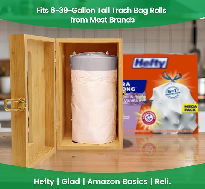 Bamboo Garbage Bag Holder, Multi-Mount Space-Saving Trash Bag Organizer for Kitchen, Pantry, Holds 8-33 Gallon Rolls & 50+ Grocery Bags, Under-Sink/Wall-Mounted/Cabinet Storage
