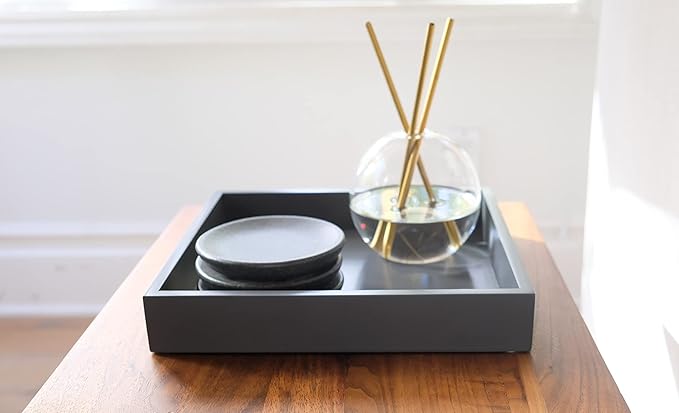 10"x10" Small Square Wood Decorative Tray for Office, Ottoman, Bathroom, Entry, Remote Controls, Countertop Organizer, Candle Tray- Charcoal