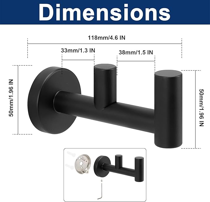 NearMoon Bathroom Double Towel Hook- SUS304 Stainless Steel Robe Towel Holder, Heavy Duty Double Coat Hook for Bathroom Livingroom Kitchen Wall Mounted (Matte Black-F, 2 Pack)