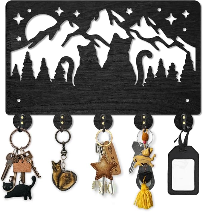 MAYJOYDIY Wood Cat Love Mountain Coat Rack Forest Cat Family Moon Starry Sky Key Hooks for Wall 11.8×7.9inch Black Animal Key Holder Hanger Art Decor 5 Alloy Hooks for Gift Hallway Entryway Kitchen