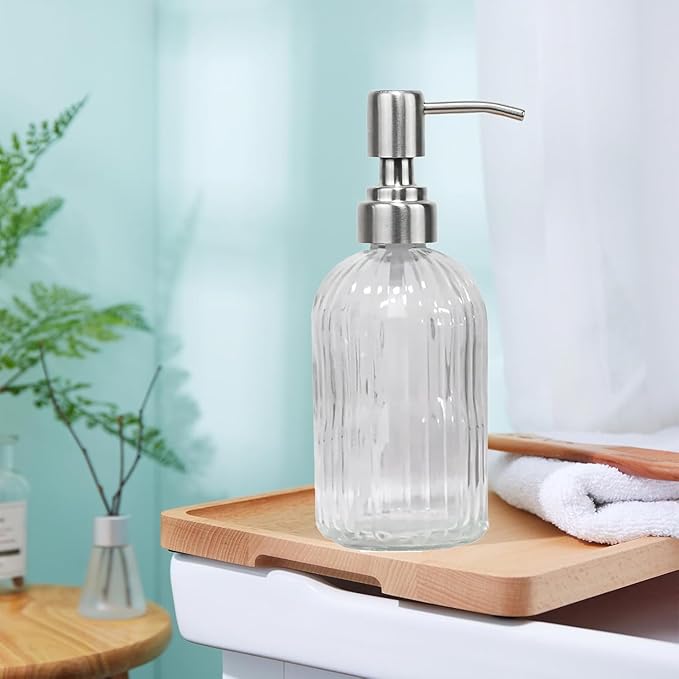 14Oz Clear Soap Dispenser Bathroom - 2 Pack, Clear Glass Hand Soap Dispensers with Stainless Steel Pump, Refillable Dish Soap Dispenser for Kitchen, Countertop Soap Dispensers