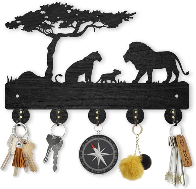 MAYJOYDIY Lion Prairie Tree Wooden Key Hooks Wall Mounted 11.8x7.9inch 5 Alloy Hooks Family Key Hanger Wildlife Animal Wall Art Decor Gift
