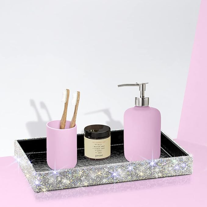 TISHAA Bling Decorative Tray Holder â Makeup Cosmetic Jewelry Ring Key Display Dish Plate Storage Organizer Crystal Rhinestone Glitter Vanity Bathroom Bedroom Home Decor (White)