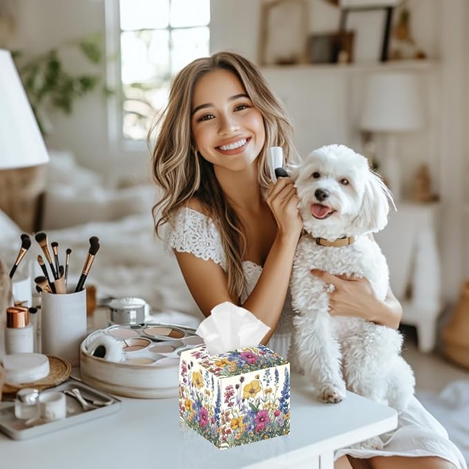 Wild Flowers Tissue Box Holder, Vintage Floral Square Tissue Box Cover Foldable Tissue Storage Box Waterproof Paper Towel Case Container Organizer Tissue Box Holder for Bedroom Office Car