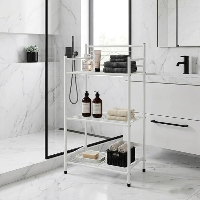 Bath Bliss 3 Tier Freestanding Bathroom Storage Shelf, White Metal Organizer Rack | Rust Resistant Space Saving Bathroom Stand | Toilet Paper Towel Holder | Bathroom Organizer for Small Spaces