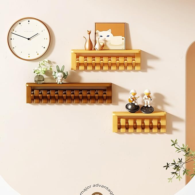Wall Mounted Coat RackHooks Piano Key Hangers Natural Solid Wood Hanger Non-Woven Fabric Clothes Hangers for Closet, Kitchen, Bedroom, Bathroom, Entryway (Tray-Beech, 8 Hooks)