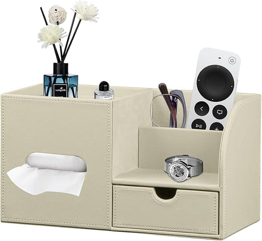 Square Tissue Box Cover with Tray and Organizer,Multi-Functional Decor Cube Tissue Box Holder,Tissue and Remote Control Holder for Vanity,Nightstand,Bathroom,Home,Office