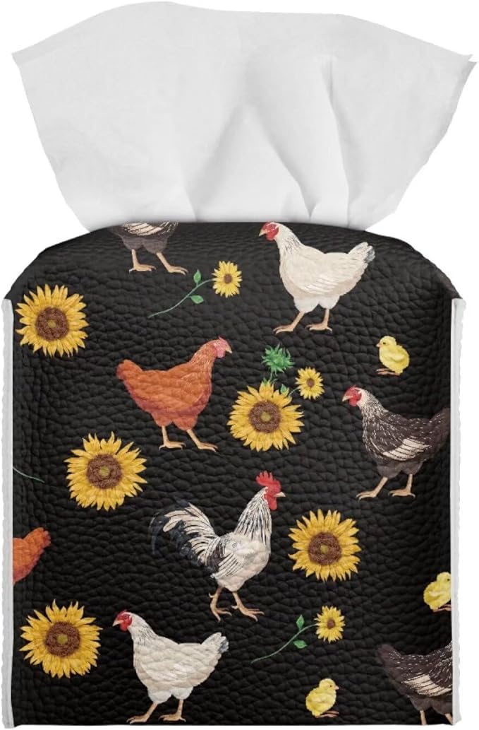 Rooster Chicken Sunflower Tissue Box Cover Modern Tissue Case Facial Paper Organizer Dispenser Square Decorative PU Leather Tissue Box Holder for Vanity Countertop